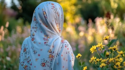 A woman wearing a floral head covering stands outdoors in nature