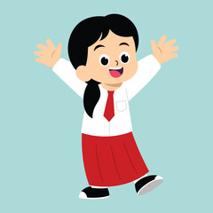 Vector Illustration of School Girl Cheer Up with happy Face in Flat Style Cartoon