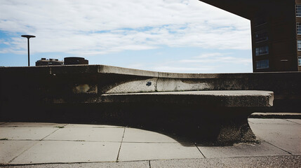 Concrete bench, urban park, cloudy sky, building background, architectural design