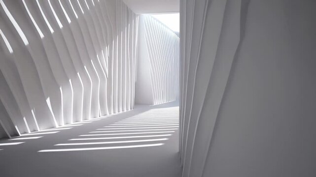 Futuristic white corridor with abstract geometric light patterns

