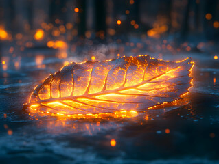A glowing leaf resting on a glassy surface with bokeh lights in the background