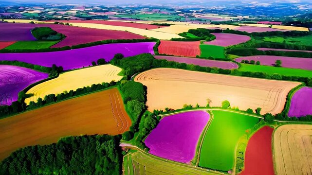Vibrant patchwork of colorful farmland from aerial perspective


