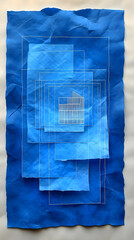 Abstract blue layered paper artwork with white line drawing of building