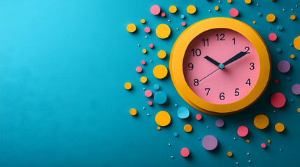 Colorful clock face with pastel pink center and yellow frame Surrounded by teal background and various sized circles