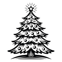 Black and White Christmas Tree with Star Topper and Baubles Decoration Isolated