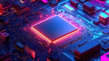 High-tech Circuit Board with Digital Neon Glow