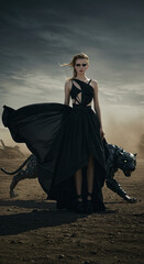 Fototapeta premium A realistic fashion model wearing a beautiful makeover, wearing a flowing black asymmetrical gown with modern geometric cuts, standing alone in a vast, deserted sci-fi