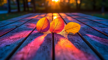 Three autumn leaves rest on weathered wooden planks bathed in the warm glow of sunset  Shadows stretch long