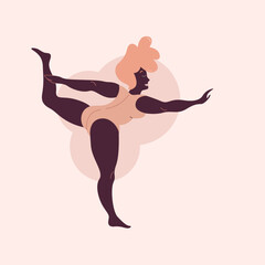 Plus size black curvy lady doing yoga class. Vector illustration isolated on white. Online home workout. Body positive. Attractive African overweight woman.