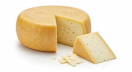 Cheese wheel with slice revealing texture and color on white background  