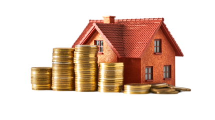 House Model with Gold Coins Real Estate Investment and Financial Planning.