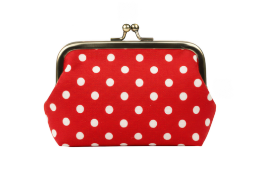 Red polka dot coin purse vintage style clasp closure bag on transparent background