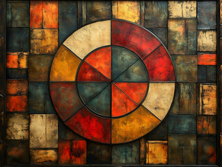 Fototapeta premium Abstract artwork featuring a central circular motif composed of segmented richly textured color fields in earth tones