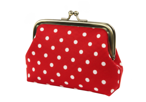 Red polka dot coin purse vintage style metal clasp closure on transparent background