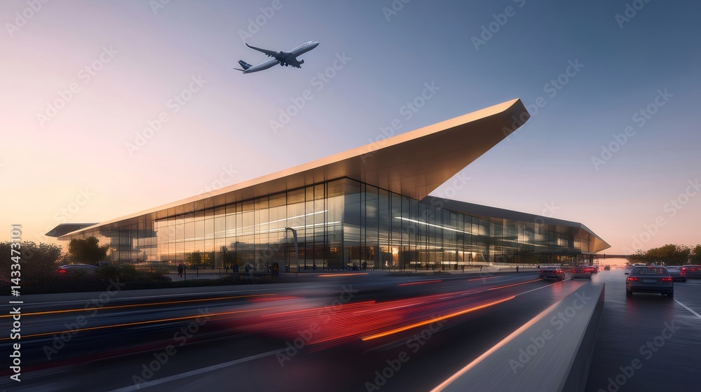 Aufkleber 空港ターミナルと飛行機 空色の空 交通機関の近代建築デザインの都市景観