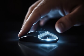 A hand hovers over a computer mouse with a glowing, digital house icon