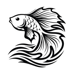 Betta Fish Curving Silhouette, Detailed Fins & Scales, Black and White