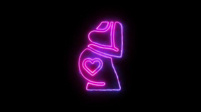 Glowing neon pregnant icon animation, pregnancy stage neon animation on black background
