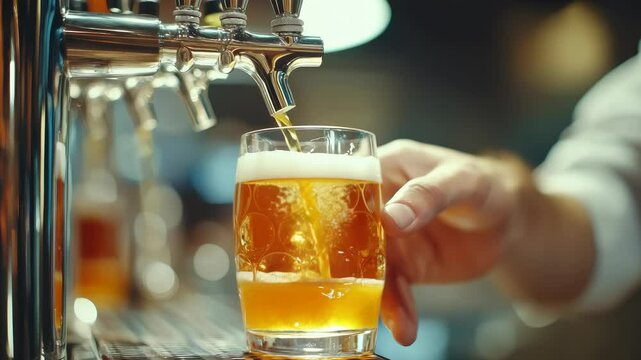 Bartender pouring fresh beer from a tap into a glass, close-up of hands holding the glass, golden liquid flowing, professional drink serving in a bar setting