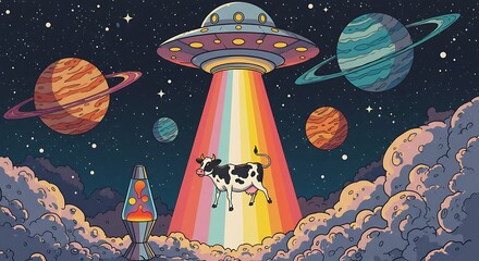 Cow Abduction by Ufo with Rainbow Beam in Outer Space