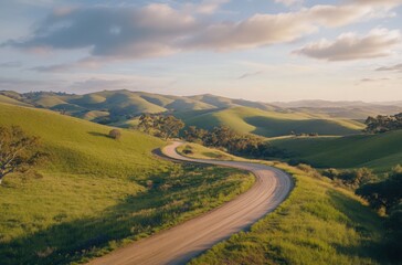 A winding dirt road passing through serene countryside and lush farmlands on rolling hills