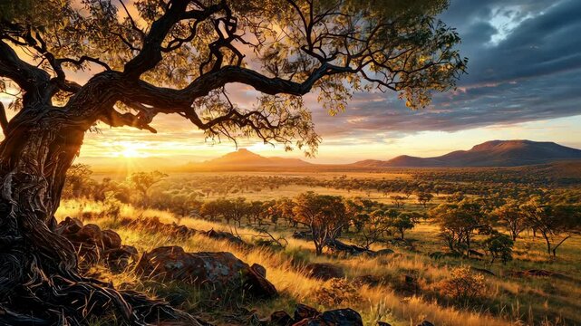 Majestic sunset over a vast landscape with trees and mountains showcasing nature's beauty