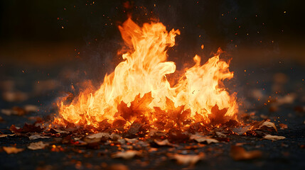 Fototapeta premium Autumn leaves ablaze fire brightly consuming fallen foliage on dark pavement sparks rising