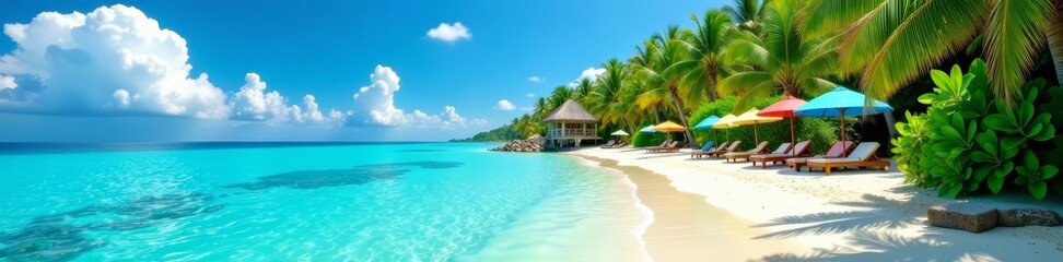 A tropical paradise with turquoise waters, lush greenery, and colorful umbrellas on a sandy beach, relaxation, summer vacation