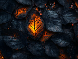 Fototapeta premium Glowing veins stand out contrasting against the dark leaves in a striking and dramatic scene