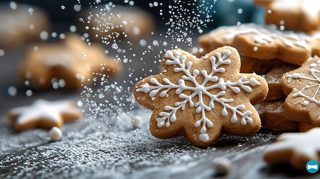 Close-up of Gingerbread Snowflake Cookies with Powdered Sugar