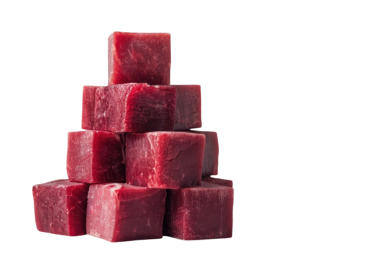 Freshly cut red meat cubes stacked in a neat arrangement on a white background