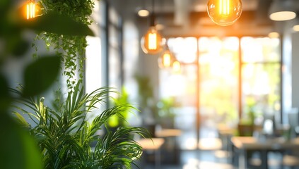 Lush green plant in focus with soft, blurred lights creating a warm and inviting atmosphere in a modern interior space