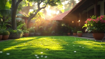 Tranquil tropical garden at sunrise