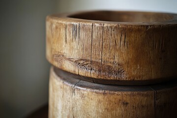 Naklejka premium Close-up view of a rustic wooden bowl with a turned base.