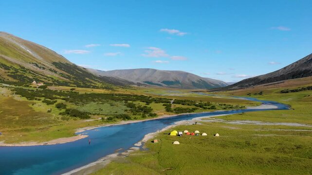 Summer landscape with mountains, river Hadata, Polar Urals, Yamal