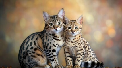 Naklejka premium Two Bengal cats cuddling indoors, warm background, suitable for pet care articles