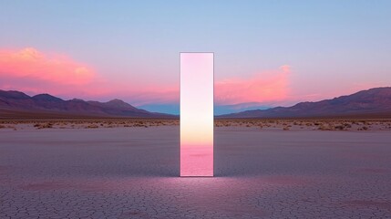 Futuristic Reflective Mirror Standing in the Desert at Sunset Representing Innovation and Surrealism