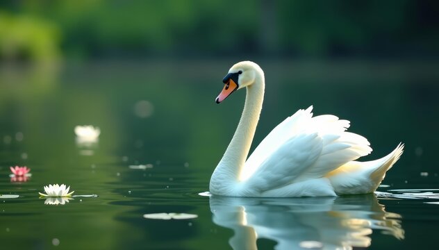 Tranquil white swan gracefully gliding on calm lake with water lilies, lake, graceful, lilies - Powered by Adobe