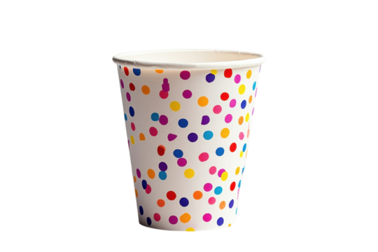 A festive colorful polka dot paper cup perfect for parties celebrations and joyful events isolated on a on transparent background