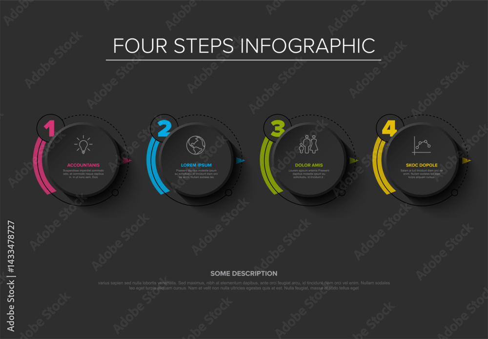 Poster minimal four-step infographic with rounded elements and icons on a black background. each step is co