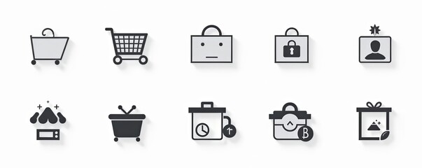 Collection of minimalist store icons in black on white background, Set, line design
