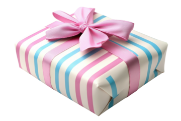 A beautifully wrapped gift with pink and blue stripes a delicate pink bow adds a touch of elegance on transparent background
