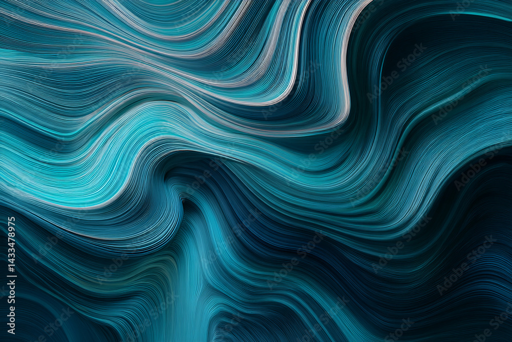 Poster abstract teal wave pattern, flowing lines create a dynamic, textured surface, suggesting movement an