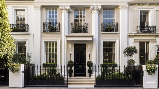 A Georgian townhouse in London with elegant white columns, black iron railings, and large sash windows.