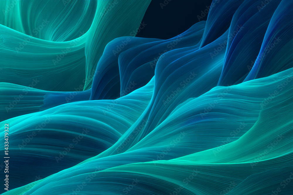 Leinwandbilder Abstract image of flowing teal and blue lines creating a wave-like pattern, suggesting movement and fluidity, ideal for modern design or technology concepts