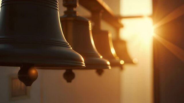 Row of bronze church bells glowing in warm golden sunlight at sunset. Peaceful and spiritual atmosphere ideal for themes of tradition, reflection, faith, or heritage.