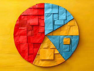 Fototapeta premium Colorful paper squares form a pie chart on a yellow background