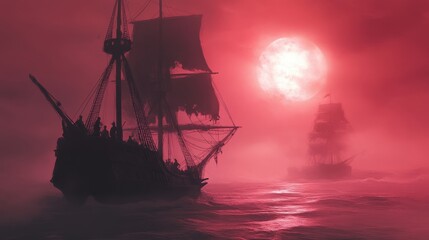 Obraz premium A ghost ship sailing through a foggy ocean, with spectral pirates haunting the deck under a blood-red sky