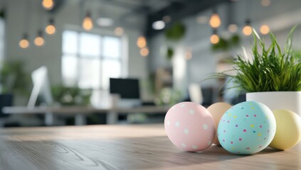 Three colorful Easter eggs on a wooden desk in an office setting