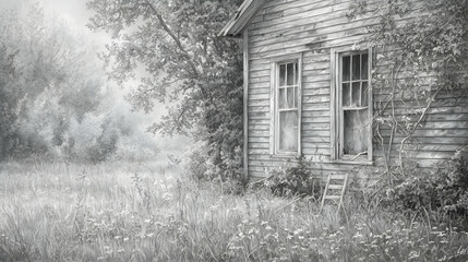 Abandoned farmhouse, overgrown yard, misty morning, rural landscape.  Perfect for nostalgic, historical, or nature-themed projects